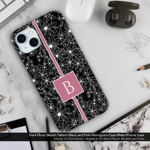 Dark Floral Pattern Black Pink Sketch Monogram iPhone 15 Mini Case