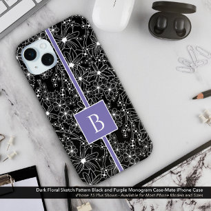Dark Floral Pattern Black Purple Sketch Monogram iPhone 15 Mini Case