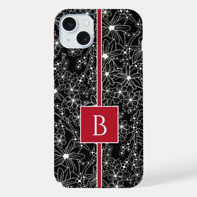 Dark Floral Pattern Black Red Sketch Monogram iPhone Case (Back)