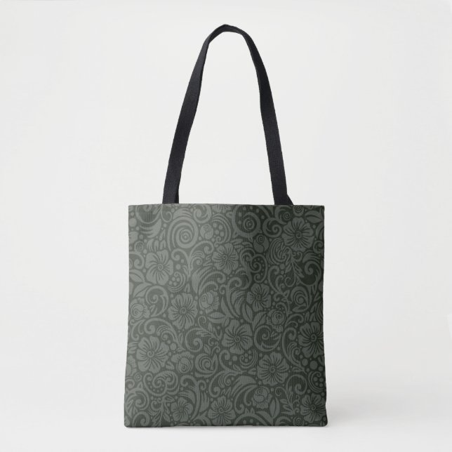 Dark Floral Pattern Olive Grey Tote (Front)