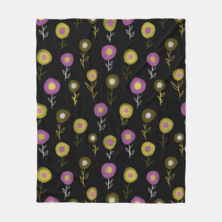Dark Floral Pattern - Yellow Pink Round Flowers Fleece Blanket