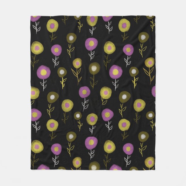 Dark Floral Pattern - Yellow Pink Round Flowers Fleece Blanket (Front)