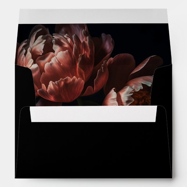 Dark Floral Peony Flowers Painting Black Wedding Envelope (Back (Bottom))