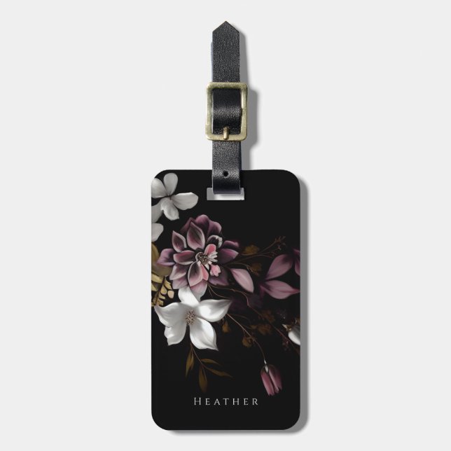 Dark Floral Personalised Name Luggage Tag (Front Vertical)