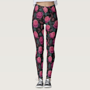 Dark Floral Pink Rose Pattern Leggings