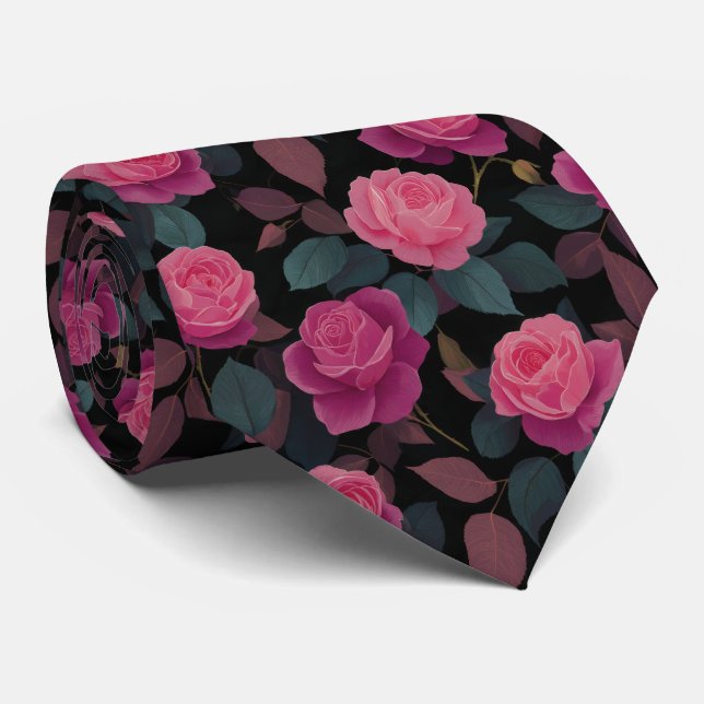 Dark Floral Pink Rose Pattern Tie (Rolled)