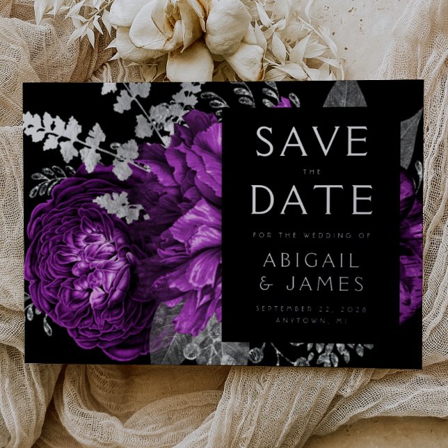 Dark Floral Plum Silver Wedding Save the Date (Creator Uploaded)