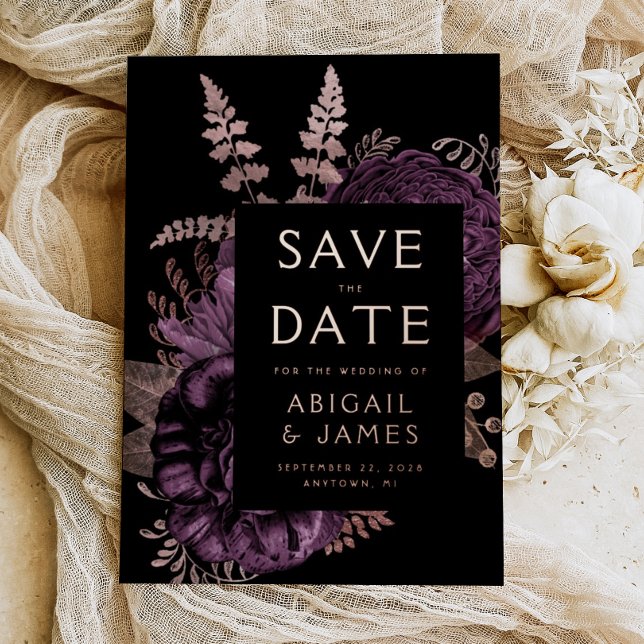 Dark Floral Purple Rose Gold Wedding Save the Date (Creator Uploaded)