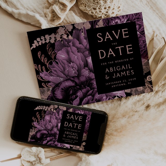 Dark Floral Purple Rose Gold Wedding Save the Date Invitation (Creator Uploaded)