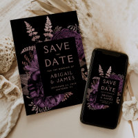 Dark Floral Purple Rose Gold Wedding Save the Date