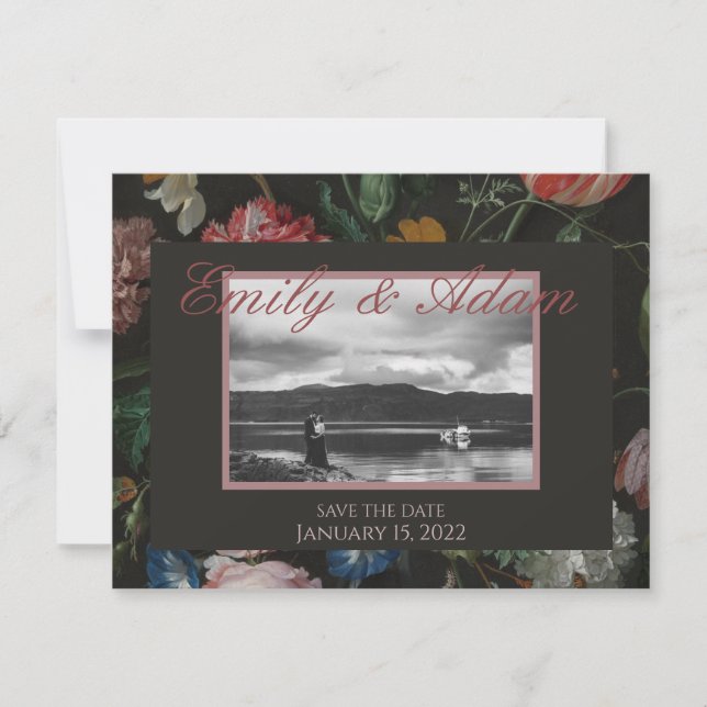 Dark Floral Save The Date  Holiday Card (Front)