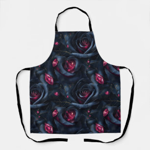 Dark Floral Seamless Pattern -Black Roses and Ruby Apron