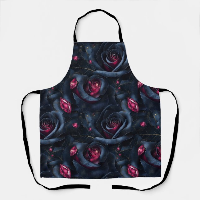 Dark Floral Seamless Pattern -Black Roses and Ruby Apron (Front)