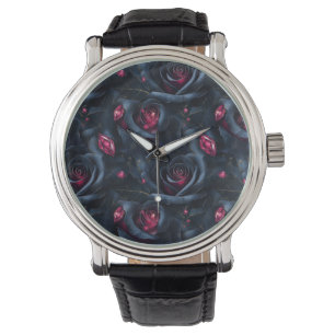 Dark Floral Seamless Pattern -Black Roses and Ruby Watch