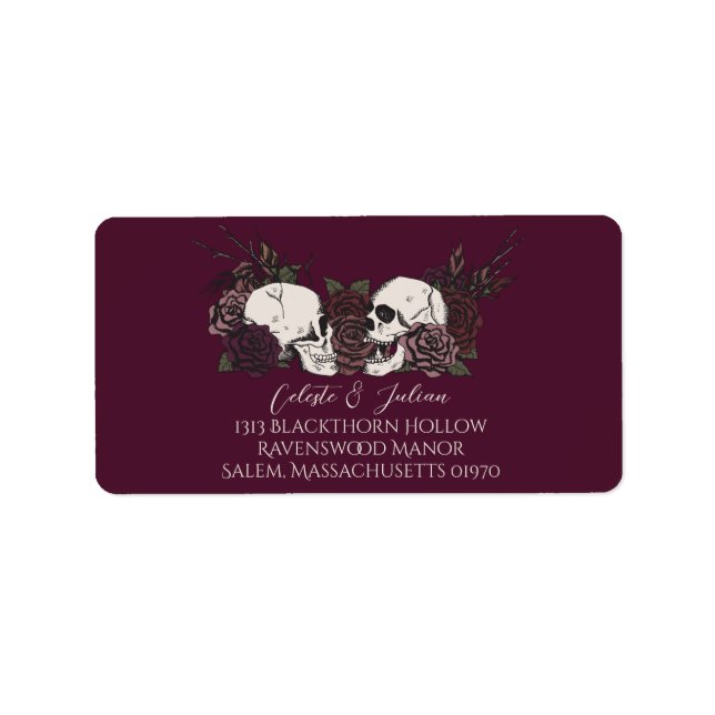 Dark Floral Skull Burgundy Return Address Label (Front)