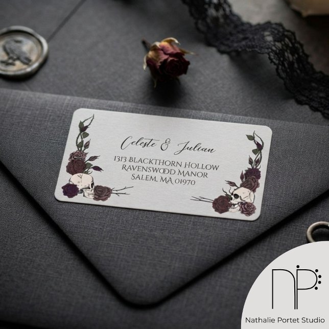 Dark Floral Skull Gothic Wedding Return Address Label (Gothic return address label features hand-drawn skulls and roses for your alternative wedding labels)