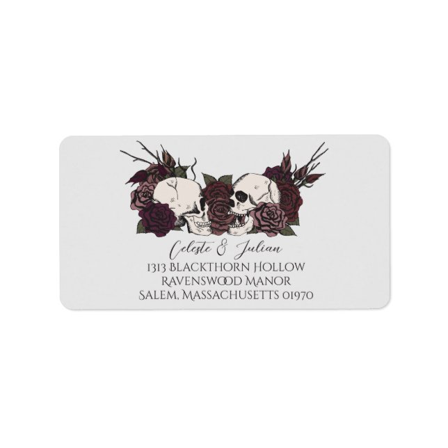 Dark Floral Skull Grey Wedding Return Address Label (Front)