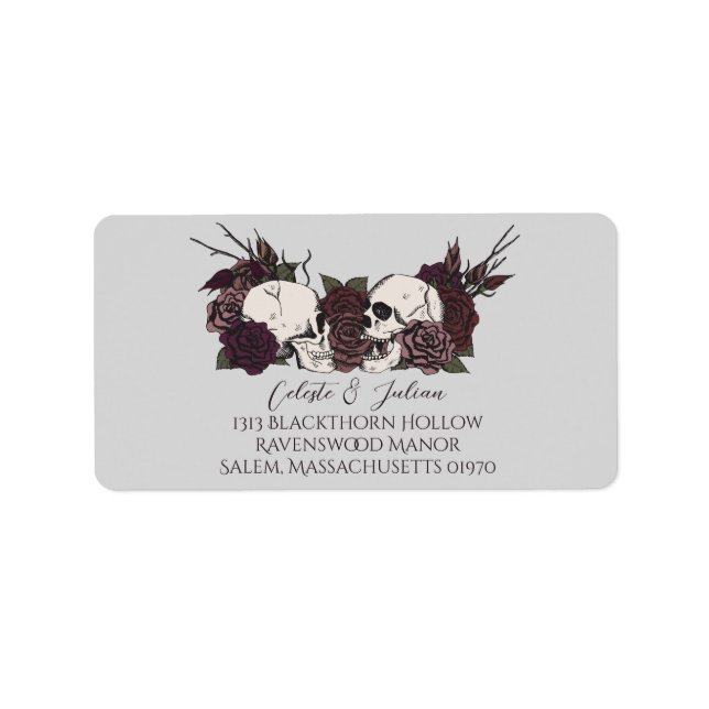 Dark Floral Skull Grey Wedding Return Address Label (Front)