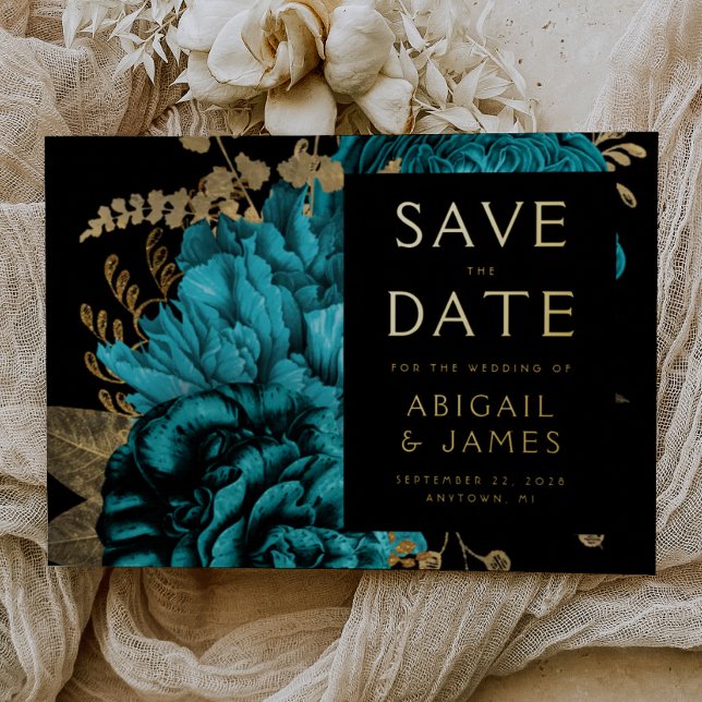 Dark Floral Turquoise Gold Wedding Save the Date (Creator Uploaded)