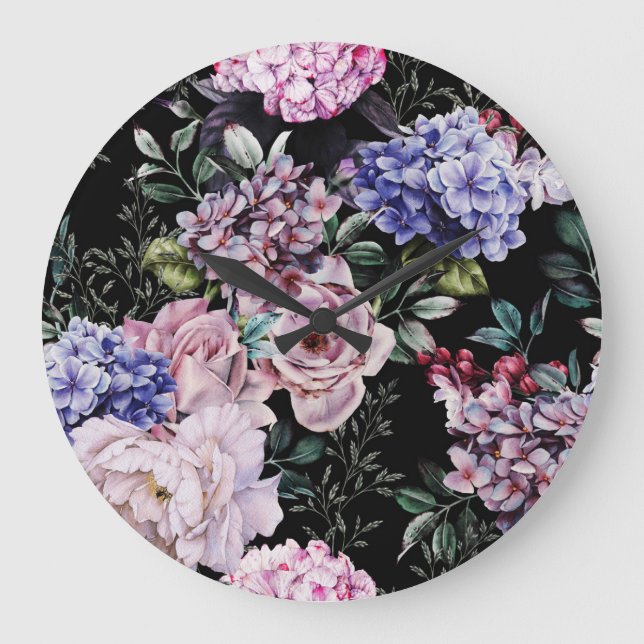 Dark Floral Watercolor Seamless Design Large Clock (Front)