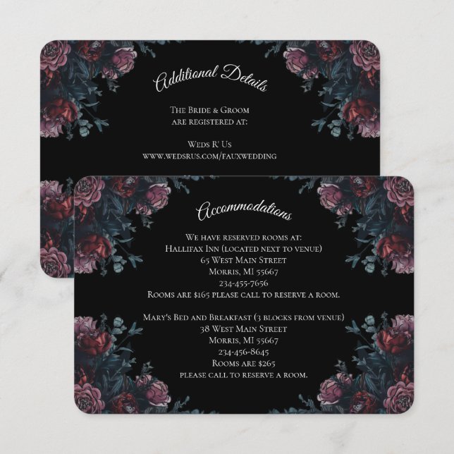 Dark Floral Wedding Gothic Black Elegant Enclosure Card (Front/Back)