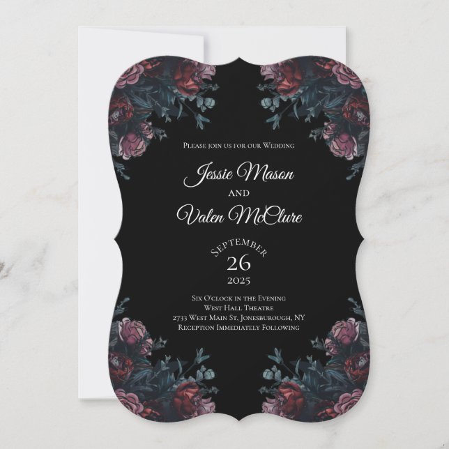 Dark Floral Wedding Gothic Black Elegant Invitation (Front)