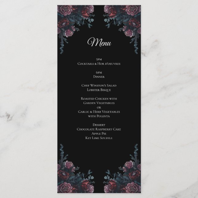 Dark Floral Wedding Gothic Black Elegant Menu (Front)
