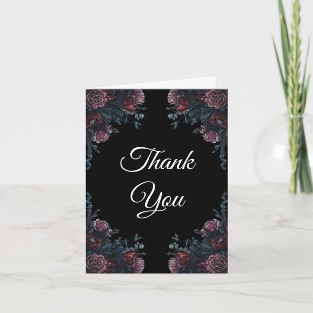 Dark Floral Wedding Gothic Black Elegant Thank You Card (Front)