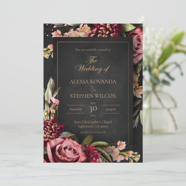 Dark Floral Wedding Invitation (Standing Front)