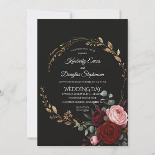 Dark Floral Wedding Invitation Red Gold Luxury