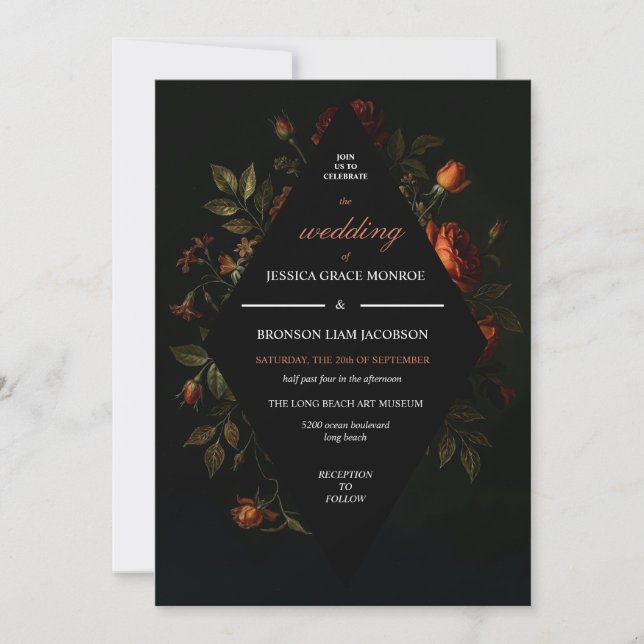 Dark Floral Wedding Invitation Vintage Style (Front)