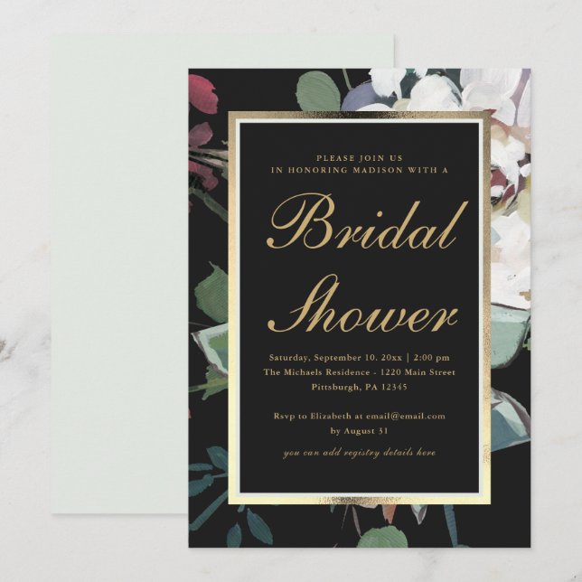 Dark Floral with Faux Gold Frame Bridal Shower Invitation (Front/Back)