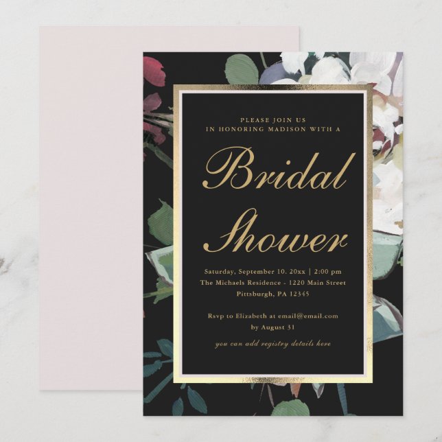 Dark Floral with Faux Gold Frame Bridal Shower Invitation (Front/Back)