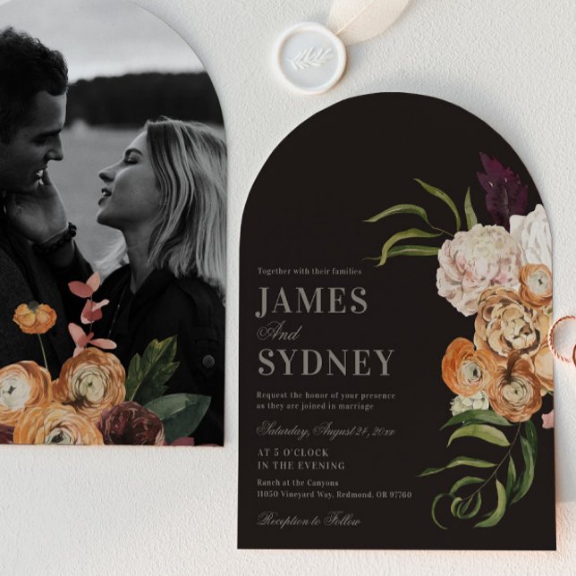 Dark Florals Arch Photo Wedding Invitation (Creator Uploaded)