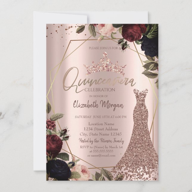 Dark Flowers Crown Rose Gold Dress Quinceañera   Invitation (Front)