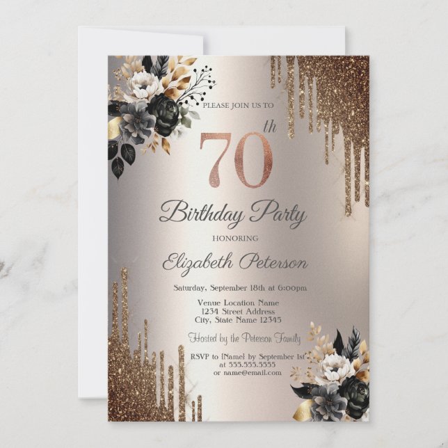 Dark Flowers Glitter Drips Ivory 70th Birthday Invitation (Front)