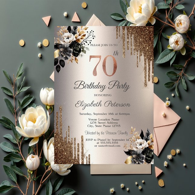 Dark Flowers Glitter Drips Ivory 70th Birthday Invitation (Creator Uploaded)