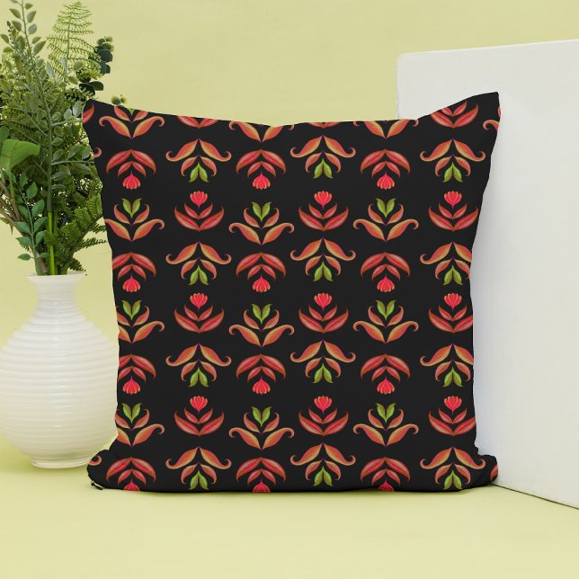  Dark Folk Art Floral Print Cosy Rustic Black Fall Cushion (Creator Uploaded)