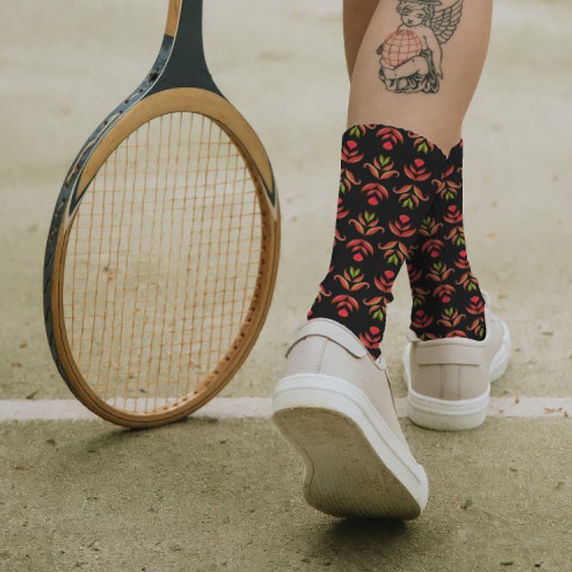  Dark Folk Art Floral Print Cosy Rustic Black Fall Socks (Creator Uploaded)