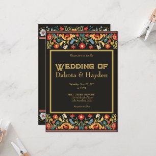 Dark folk art wedding invitation, gold script invitation