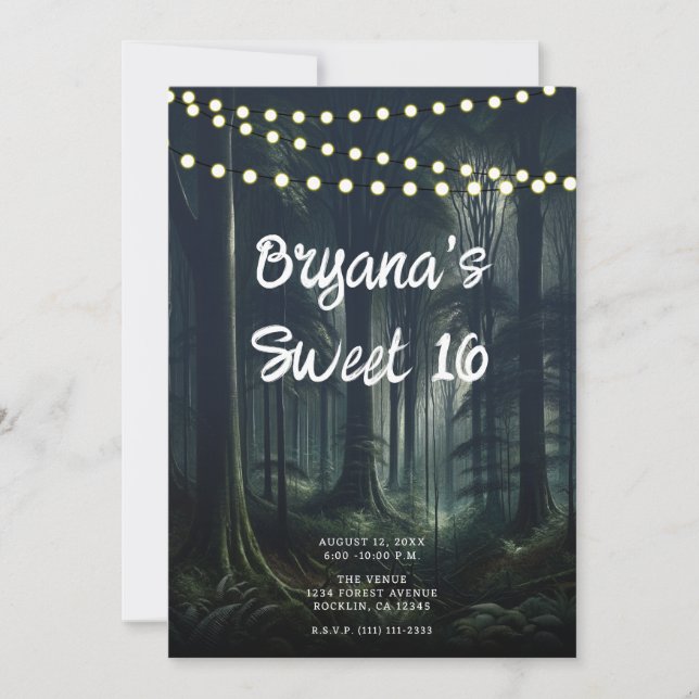 Dark Forest at Twilight Rustic Lights Sweet 16 Invitation (Front)
