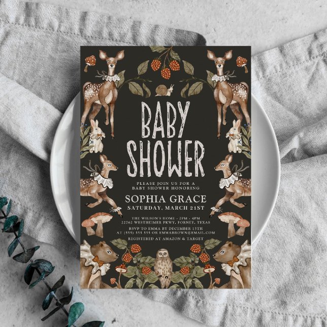 Dark Forest Elegant Woodland Animals Baby Shower Invitation (Creator Uploaded)