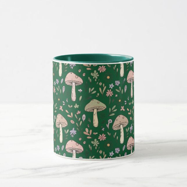 Dark Forest Emerald Fungi Seamless Pattern Moody Mug (Center)