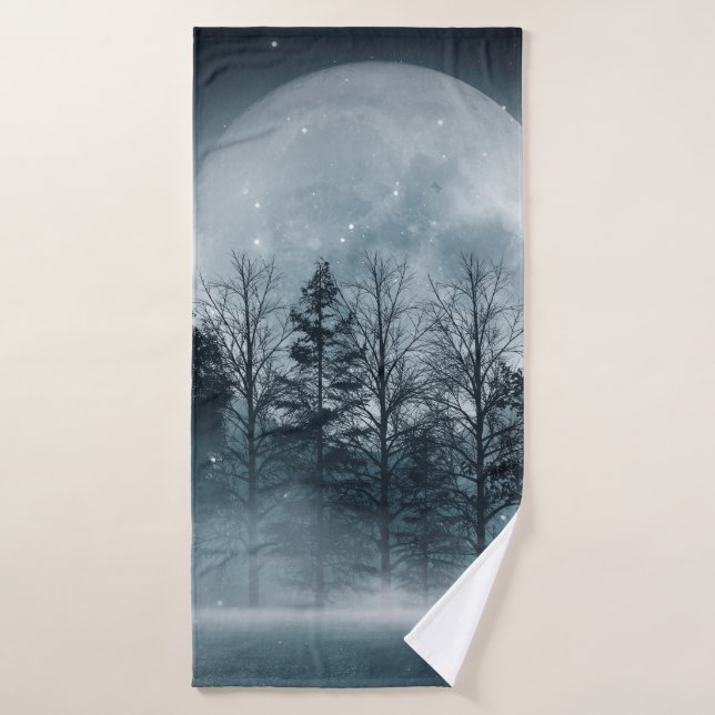 Dark forest. Gloomy dark scene with trees, big moo Bath Towel (Bath Towel)