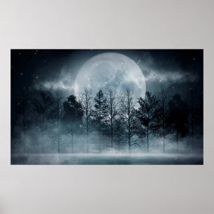 Dark forest. Gloomy dark scene with trees, big moo Poster