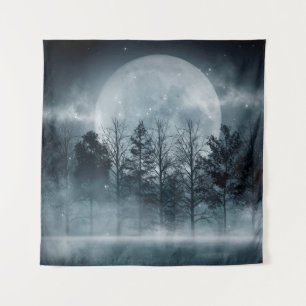 Dark forest. Gloomy dark scene with trees, big moo Tapestry