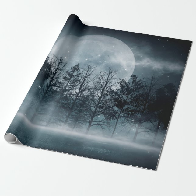 Dark forest. Gloomy dark scene with trees, big moo Wrapping Paper (Unrolled)