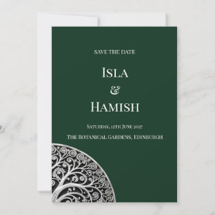 Dark Forest Green Celtic Tree Save The Date Card