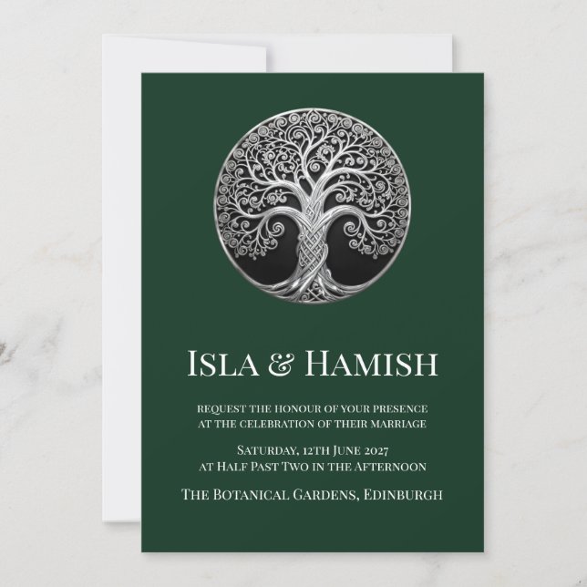 Dark Forest Green Celtic Tree Wedding Invitation | (Front)