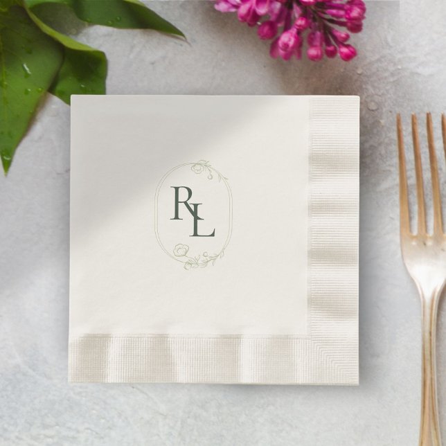 Dark Forest Green Ecru Floral Monogram Wedding  Napkin (Creator Uploaded)